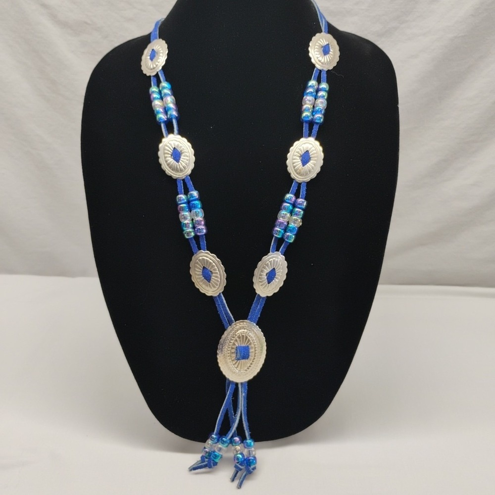 Vintage Western Style Blue Suede Silver Toned‎ Beaded Necklace Rodeo Boho Long